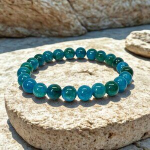 Pacific Blue Apatite Stone Beaded Unisex Bracelet 8MM Stretchy Handmade Jewelry